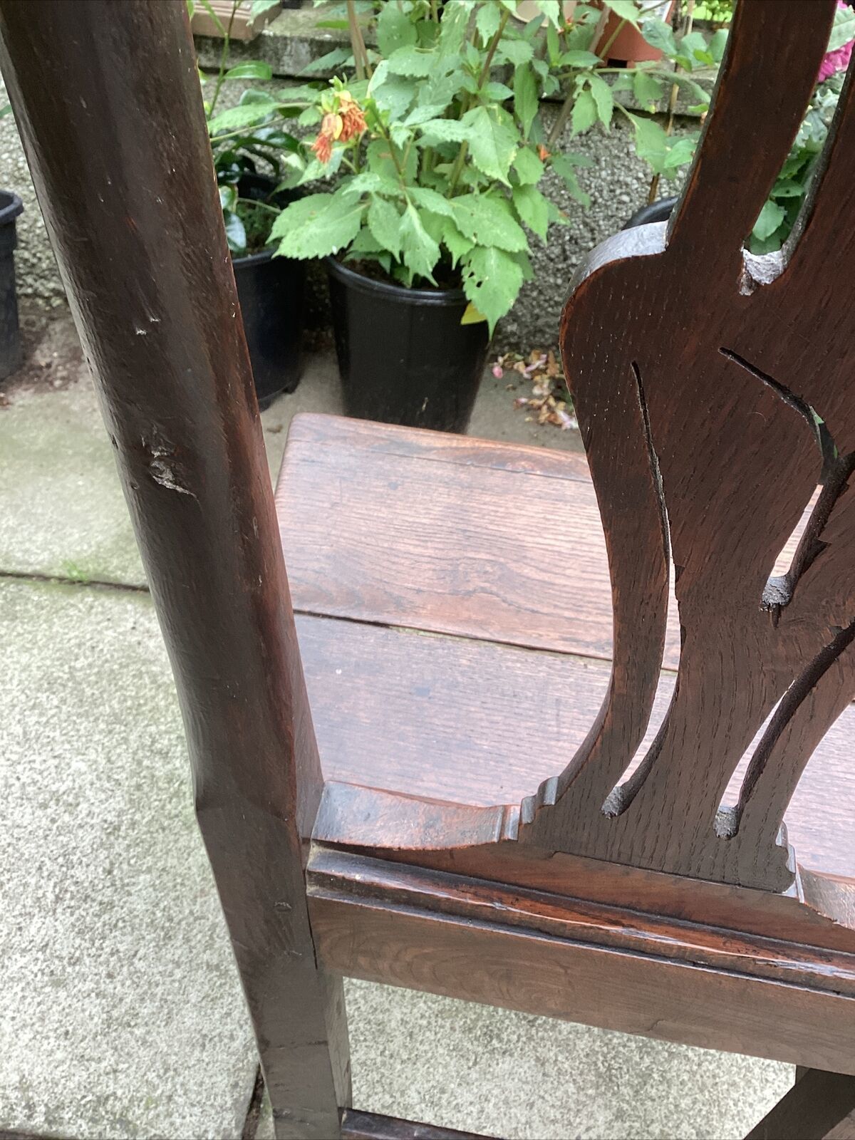 17th/18th C Primitive Oak Chair  Carved Splat Back photo vintage