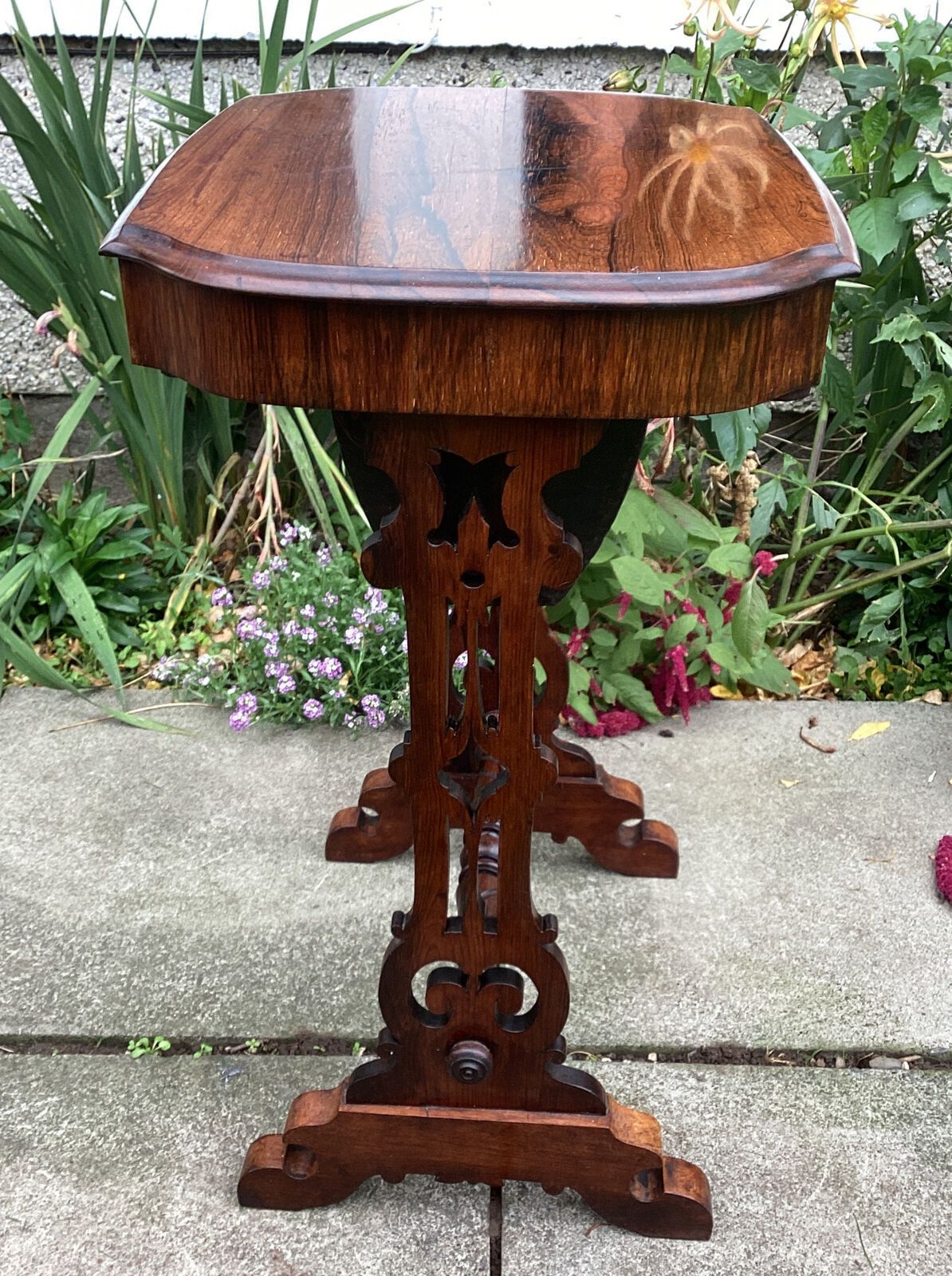 Furniture Beautiful Victorian Rosewood Sewing Work Table Ornate Legs Turned Stretcher photo