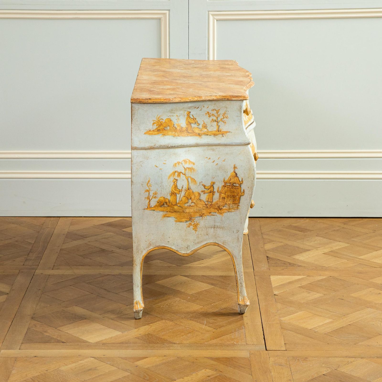Late 19th C. Venetian Chest Painted In Chinoiserie Stye Of Blue & Yellow Ochres photo 8250.0