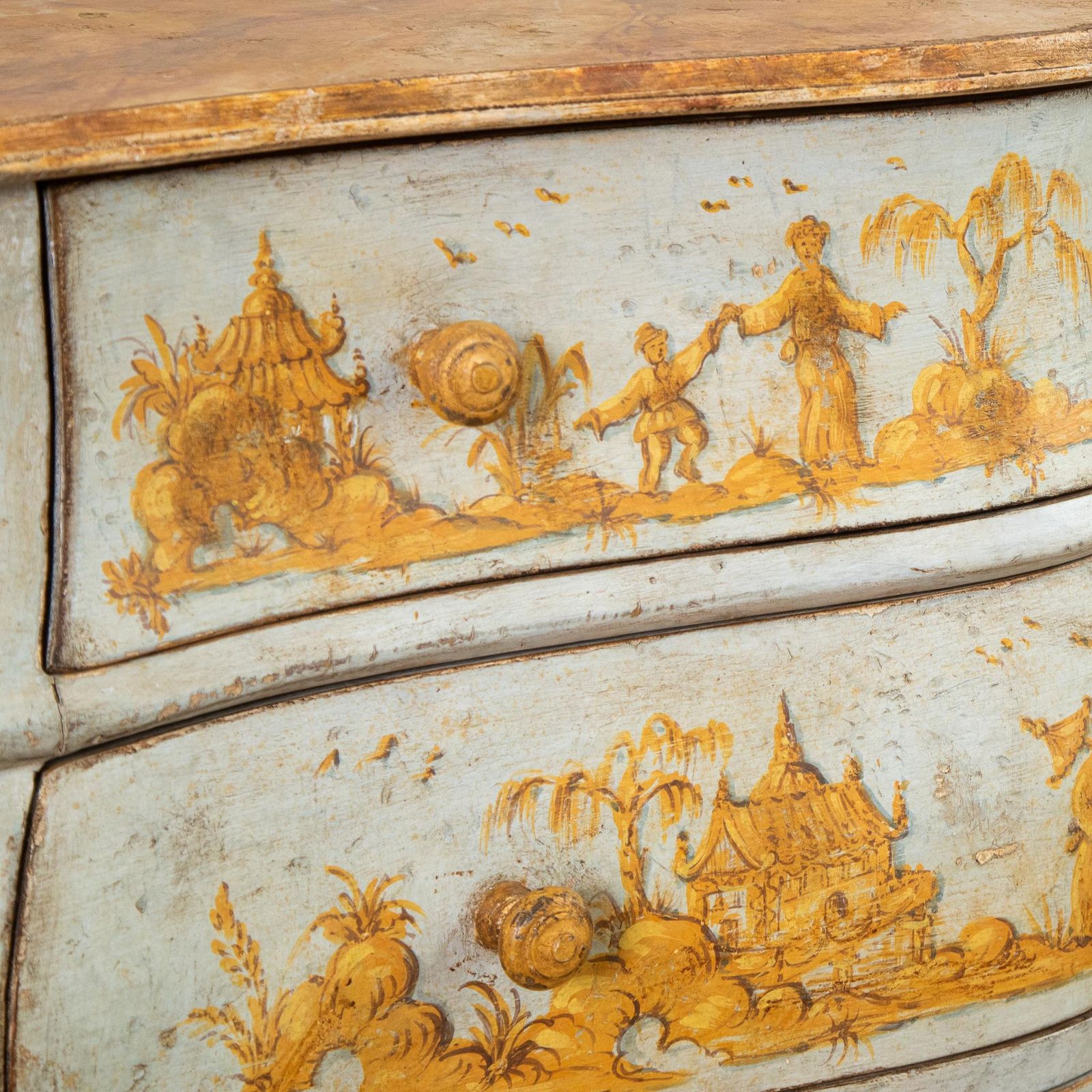photo for sale Late 19th C. Venetian Chest Painted In Chinoiserie Stye Of Blue & Yellow Ochres