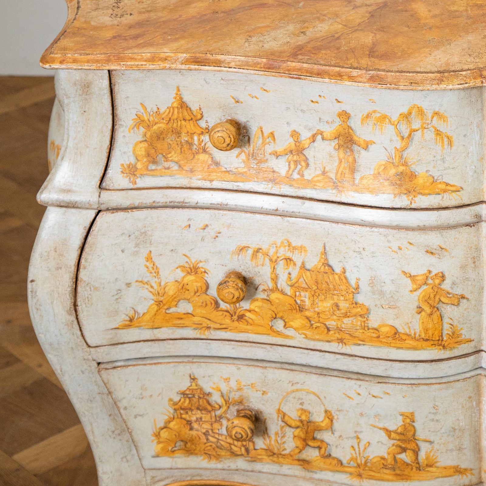 8250.0 Late 19th C. Venetian Chest Painted In Chinoiserie Stye Of Blue & Yellow Ochres photo
