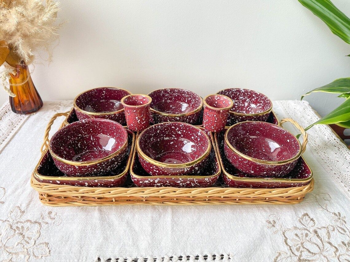 Serving Tray 12 Speckled Burgundy Gold Ceramic Ramekins ~ Speckled Burgundy Ceramic Bowl ~ Aperitif Service ~ Breakfast