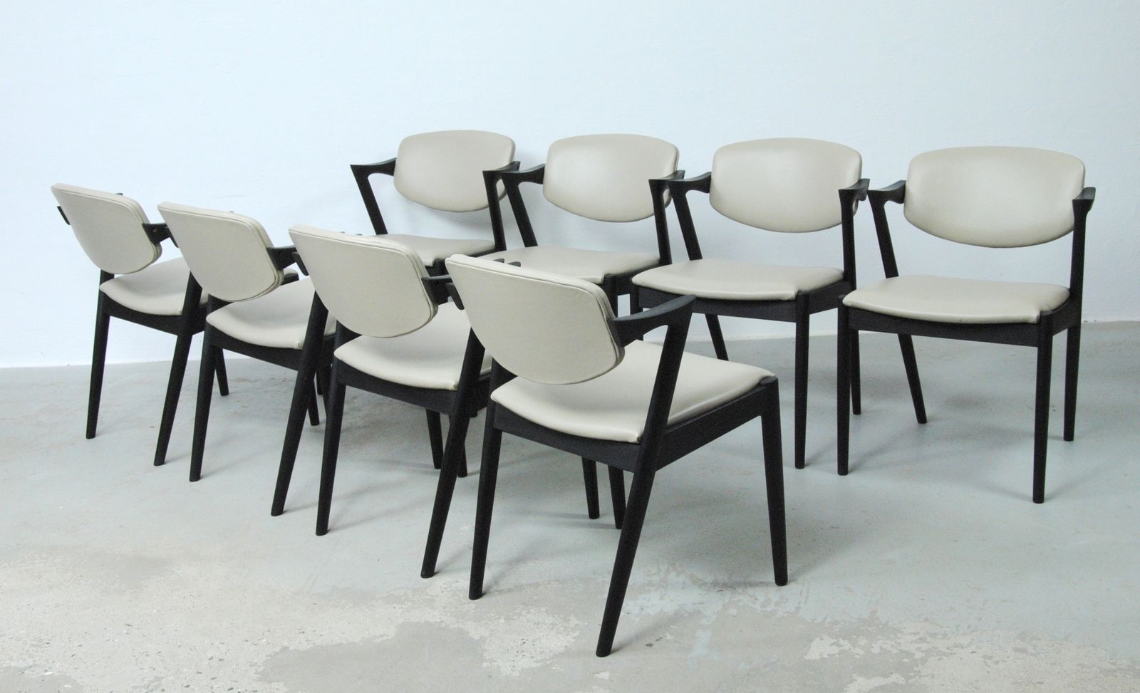 Set Of 8 Fully Restored And Ebonized Kai Kristiansen Dining Chairs Inc. Custom Reupholstery 1960's photo for sale