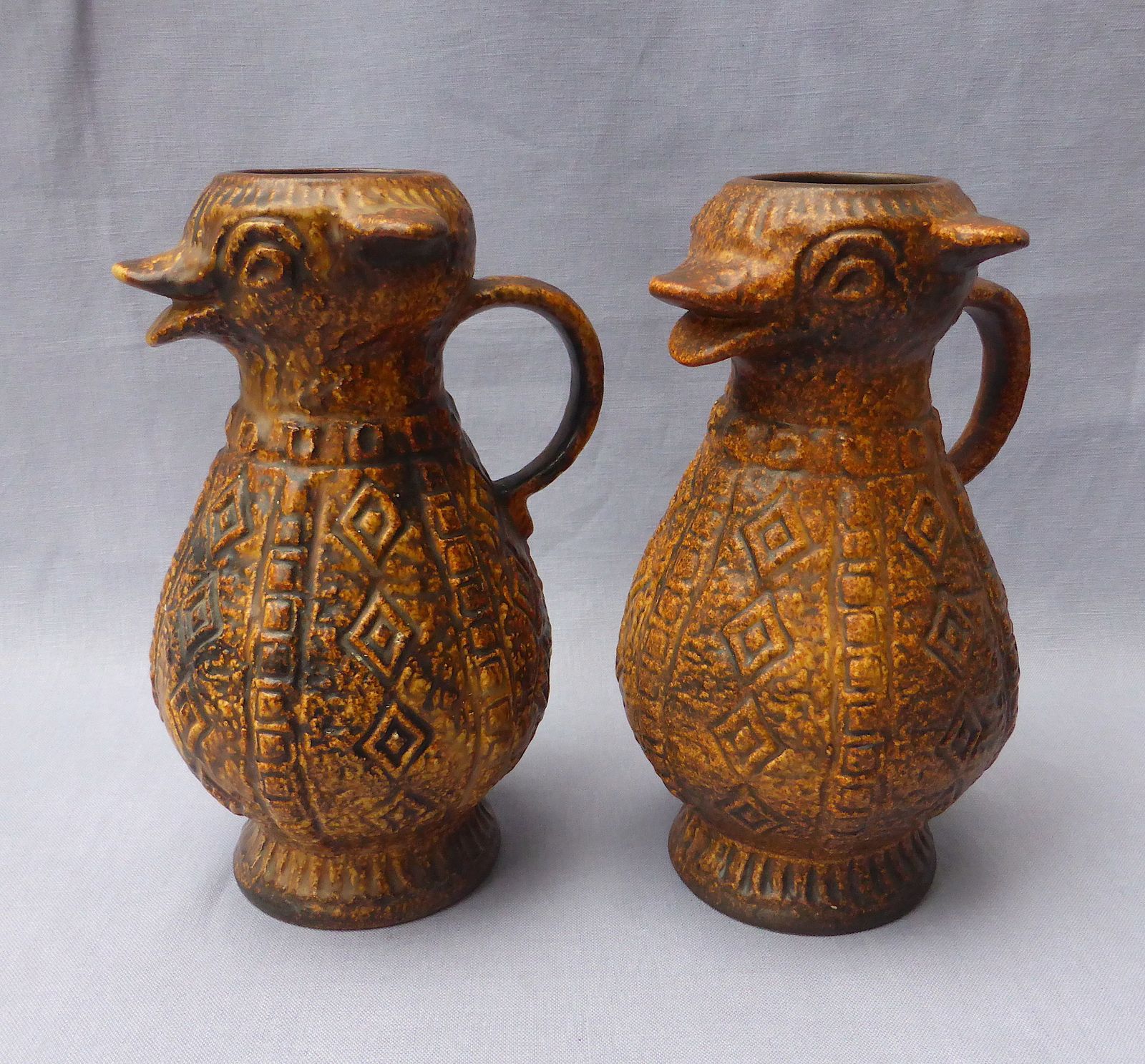 Unusual Pair Of 1970s Jasba Aztec Animal Jugs