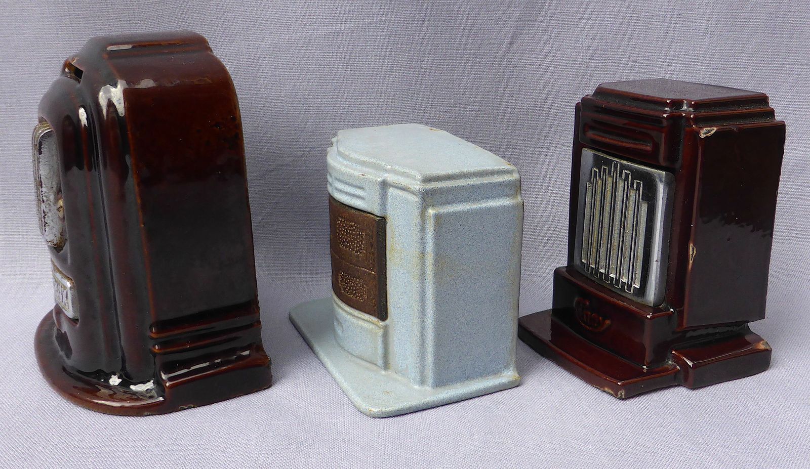 Trio Of Cast Iron Cinay & Fobrux Stove Money Boxes photo for sale