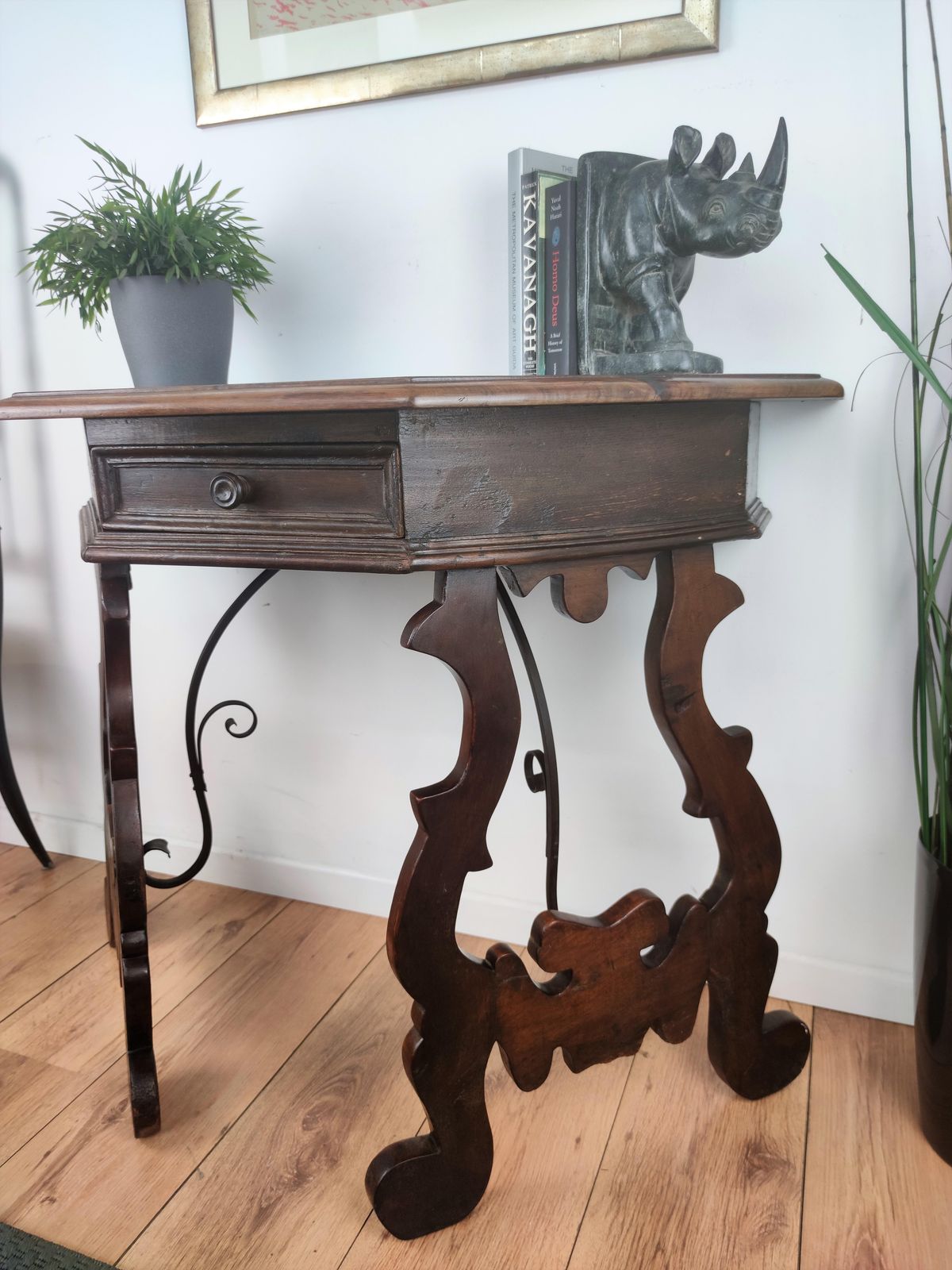 19th Century Solid Walnut Baroque Lyre Leg Inlay Demi Lune Console Table photo vinterior