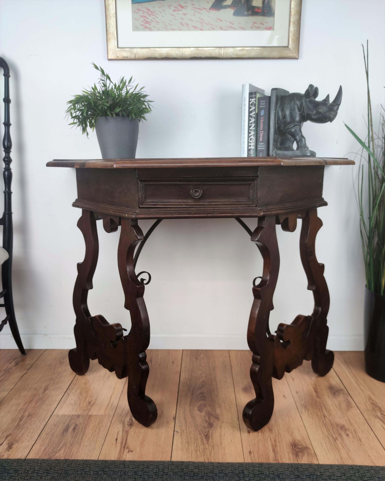 19th Century Solid Walnut Baroque Lyre Leg Inlay Demi Lune Console Table photo buy
