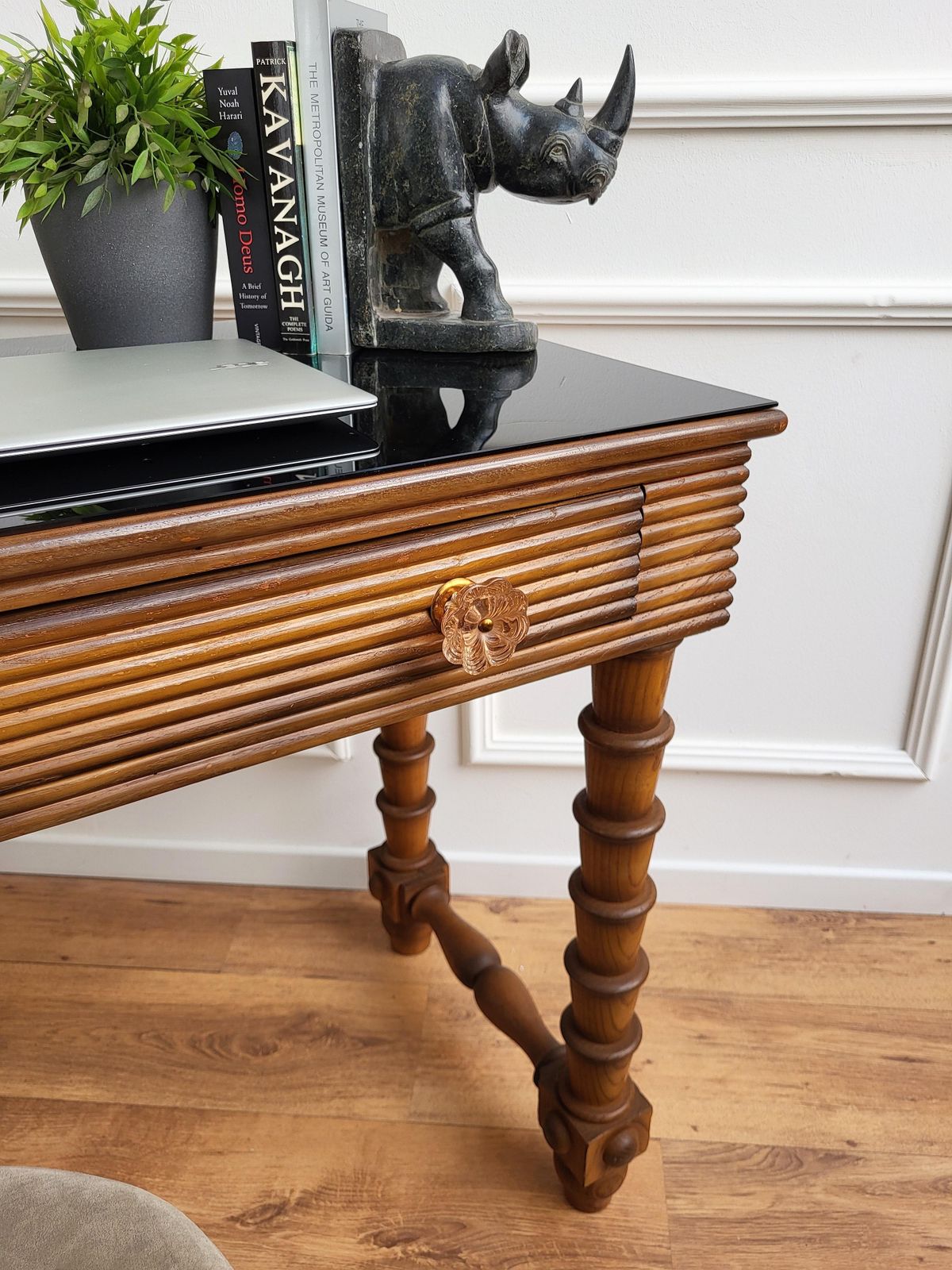 1960s Italian Art Deco Mid Century Walnut Brass Glass Top Desk Writing Table photo Furniture