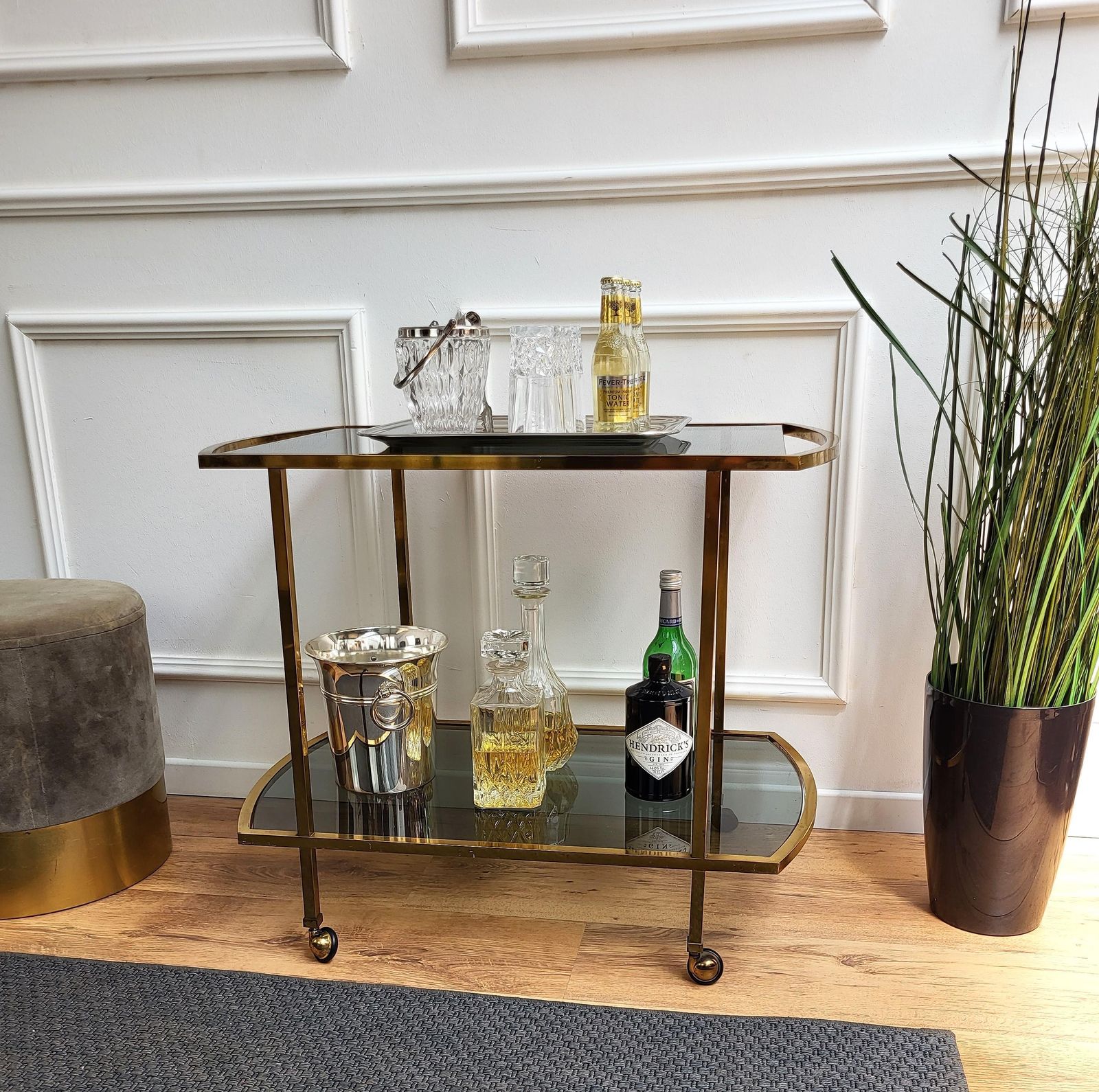1960s Italian Two Tier Brass And Glass Bar Cart With Dark Glass Top photo furniture