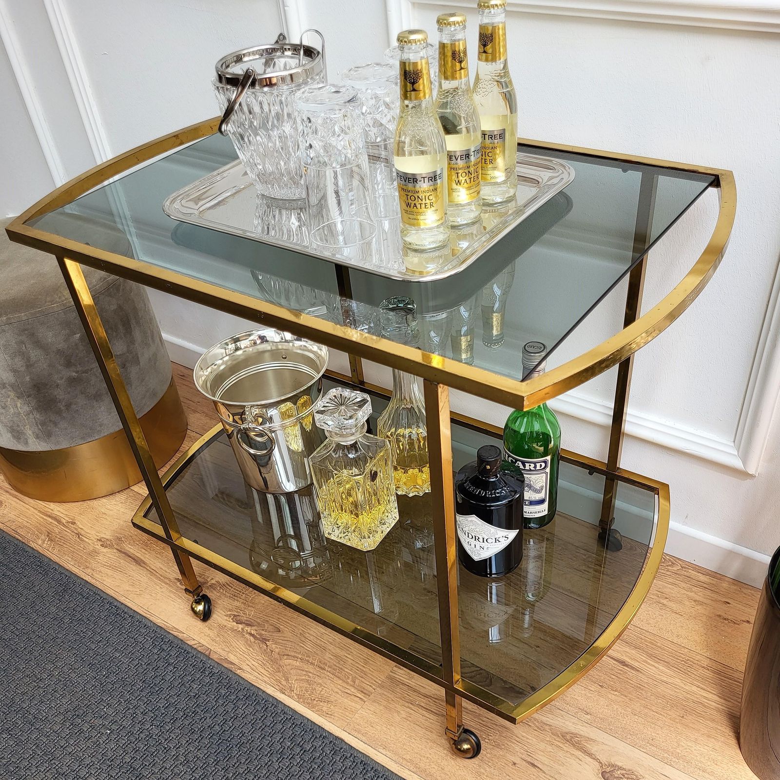 1960s Italian Two Tier Brass And Glass Bar Cart With Dark Glass Top photo Furniture