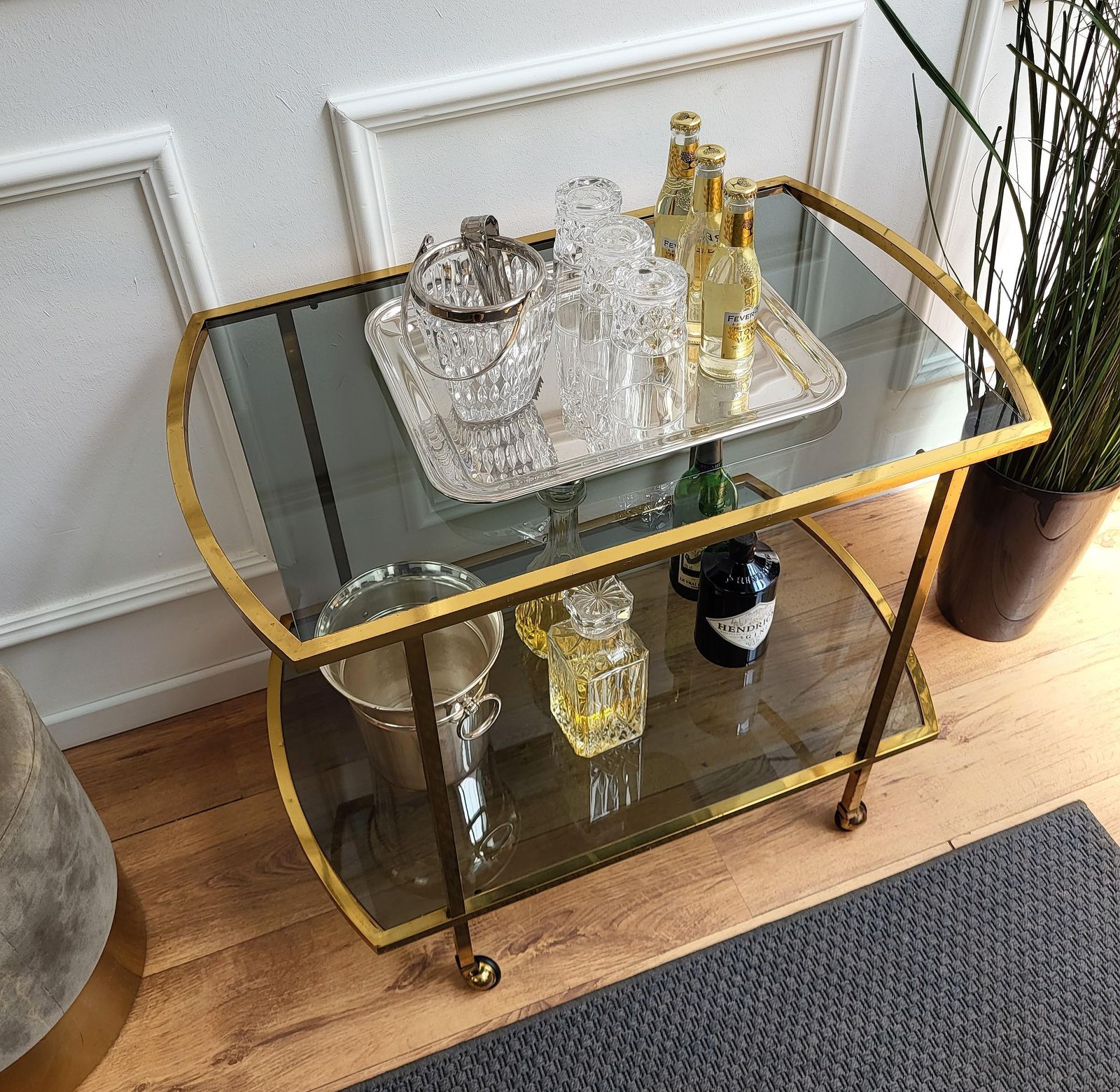 1960s Italian Two Tier Brass And Glass Bar Cart With Dark Glass Top photo 1156.0