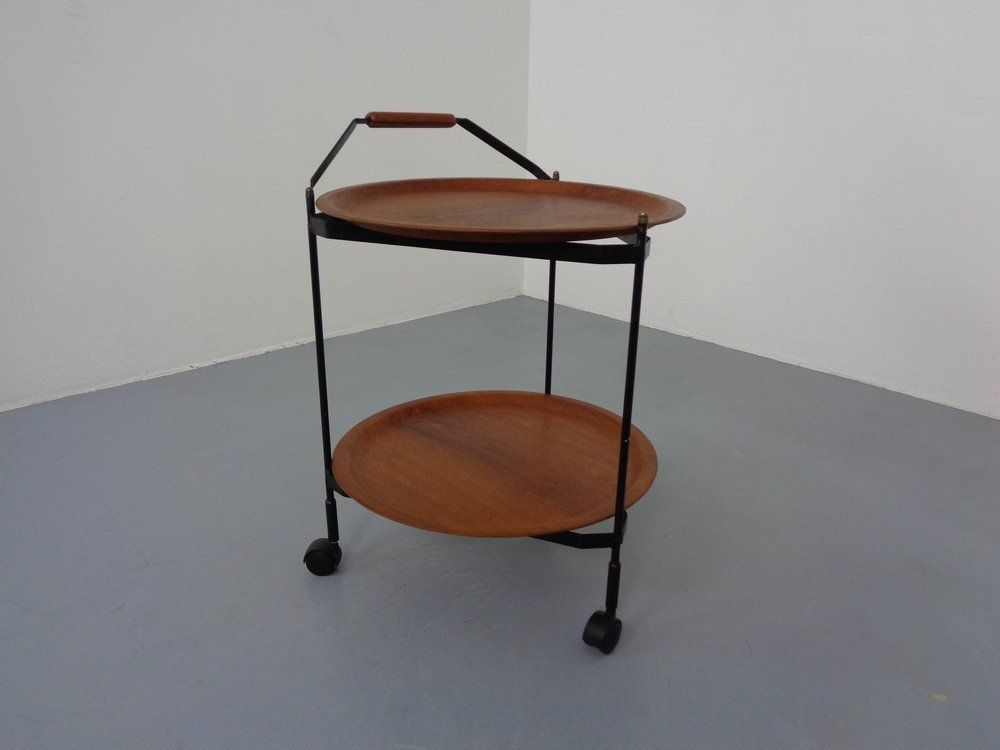 Mid Century Folding Teak & Metal Serving Bar Cart 1960s