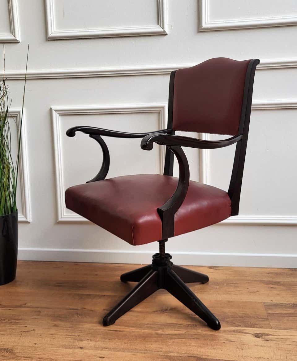 1970s Italian Bordeaux Leather & Wood Open Arm Turning Office Desk Chair photo Furniture