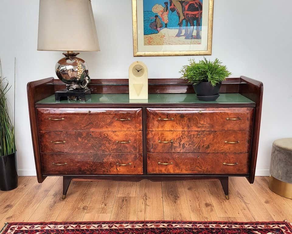 1960s Italian Art Deco Mid Century Modern Wood, Glass And Brass Chest Of Drawers photo furniture
