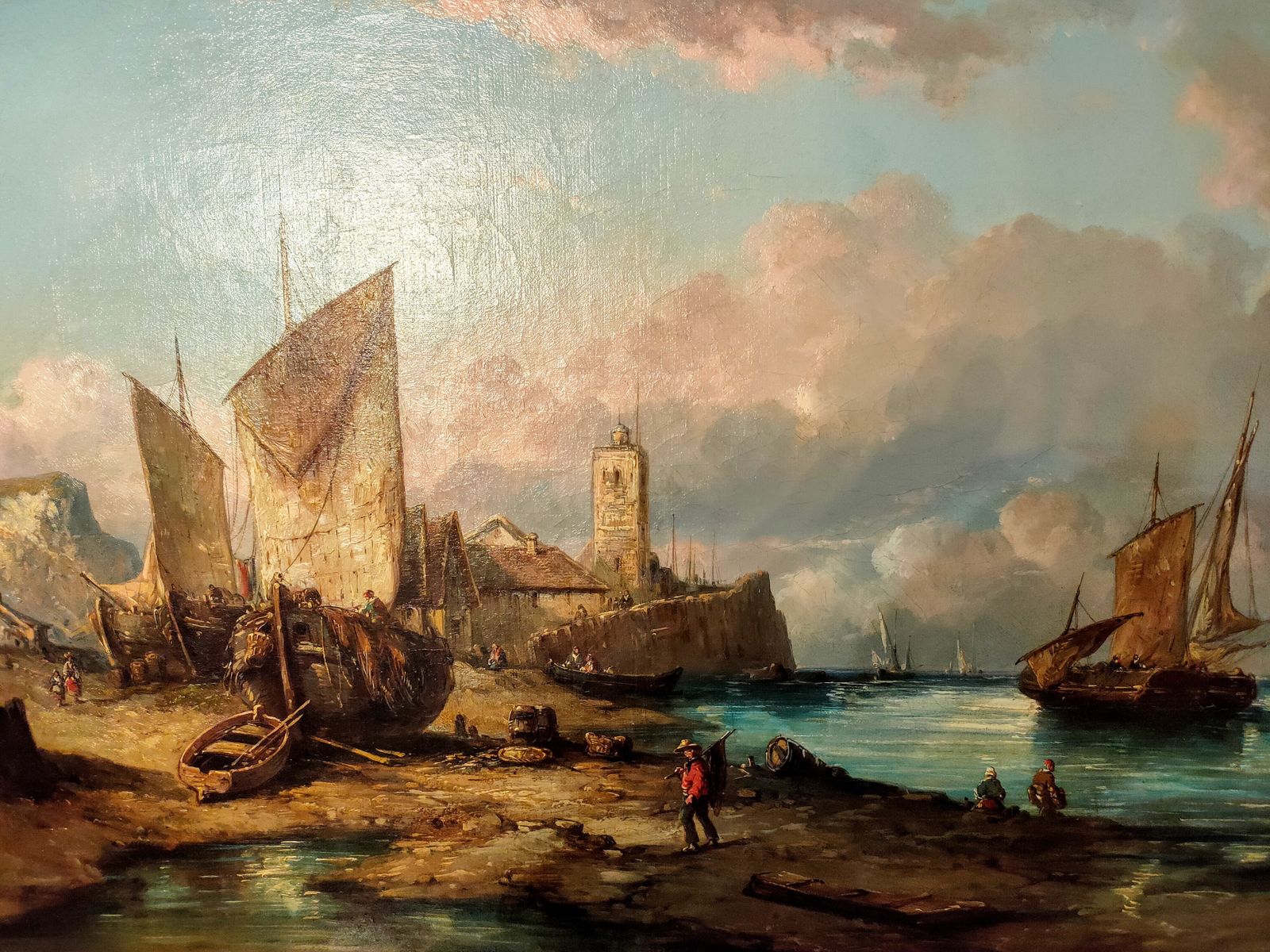 Oil Painting   19th Century Continental Scene W/ Fishermen In A Harbour photo for sale