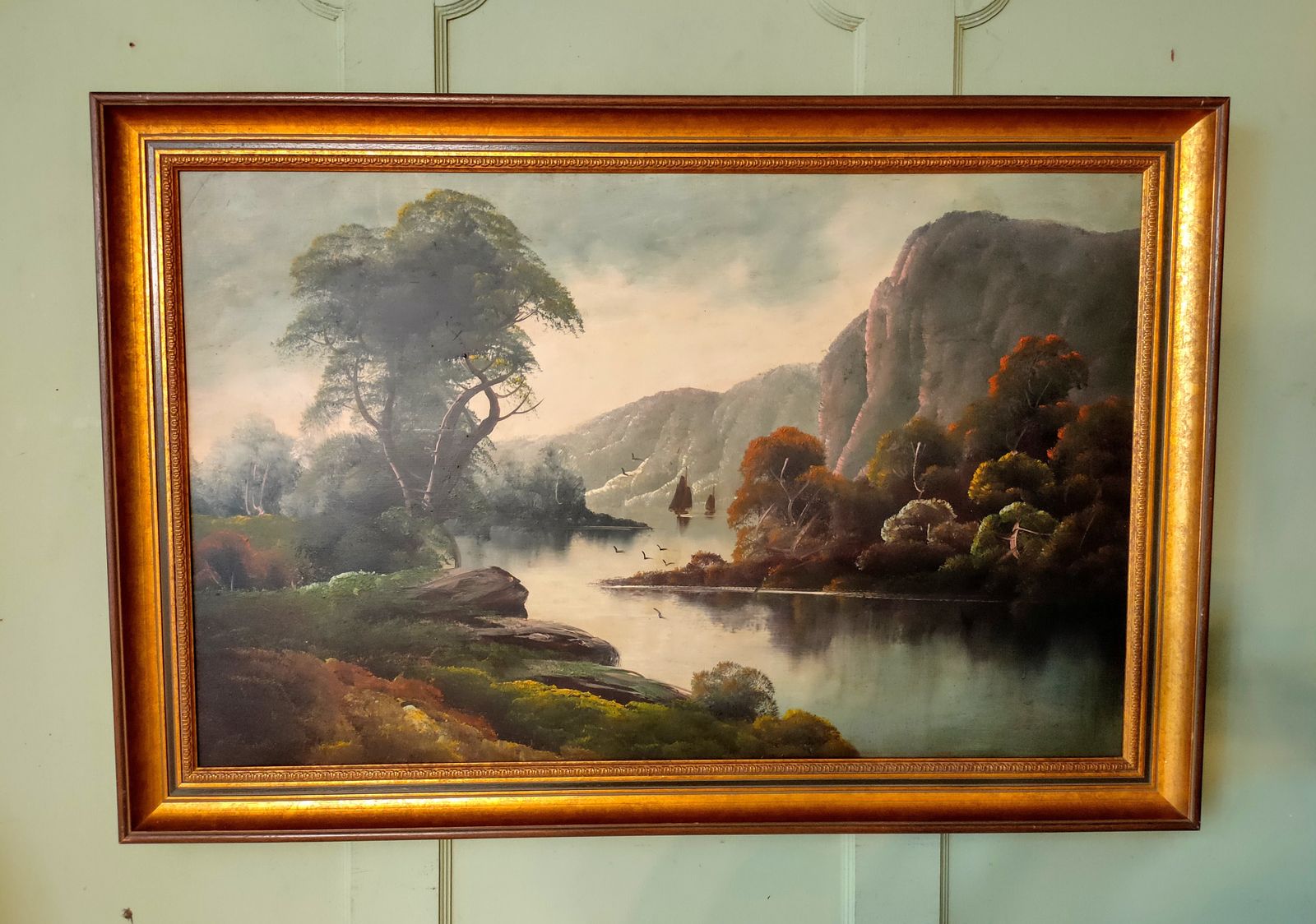 Oil Painting   Lake And Hills Scene With Geese On The River