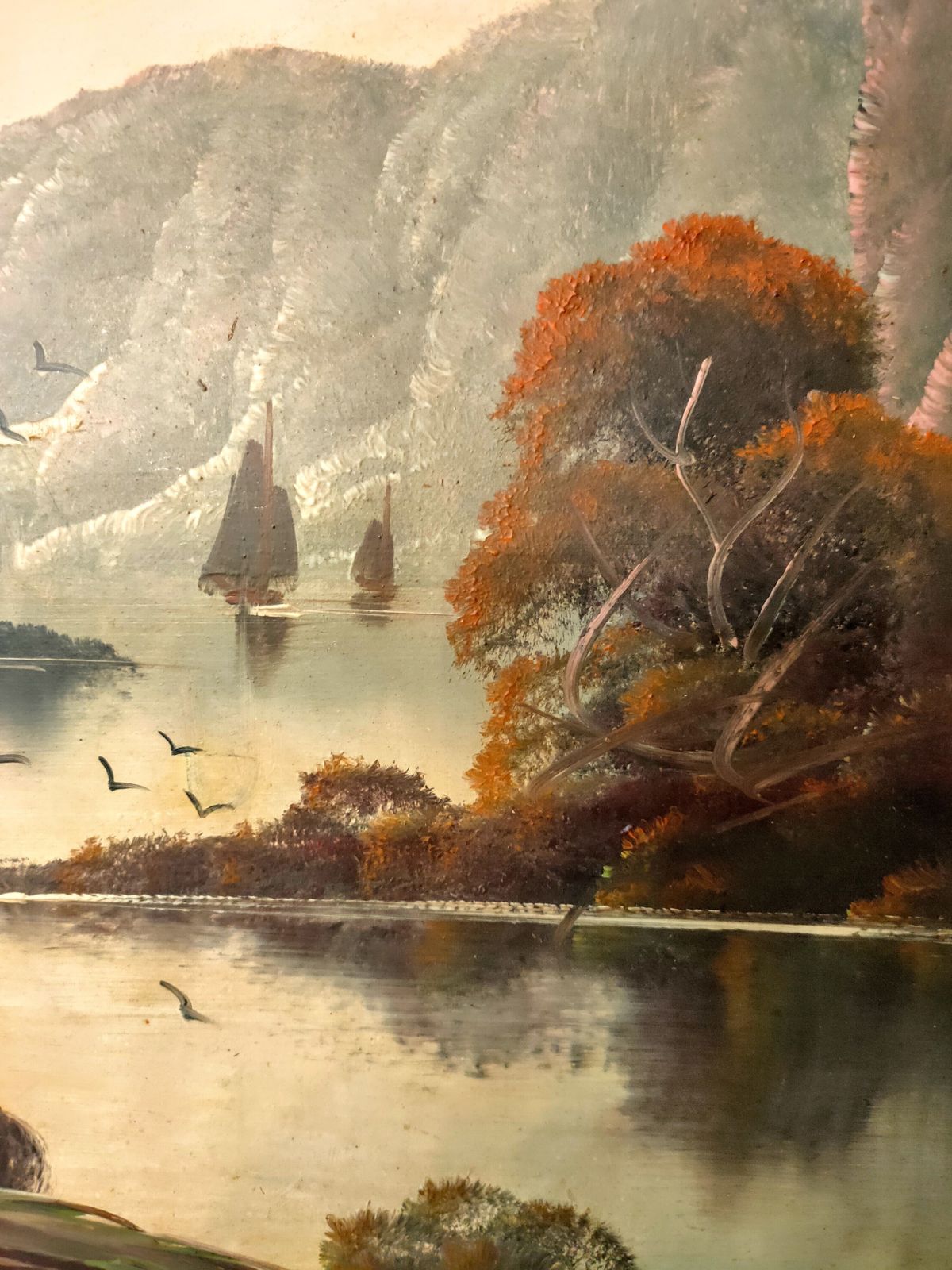 Oil Painting   Lake And Hills Scene With Geese On The River photo for sale