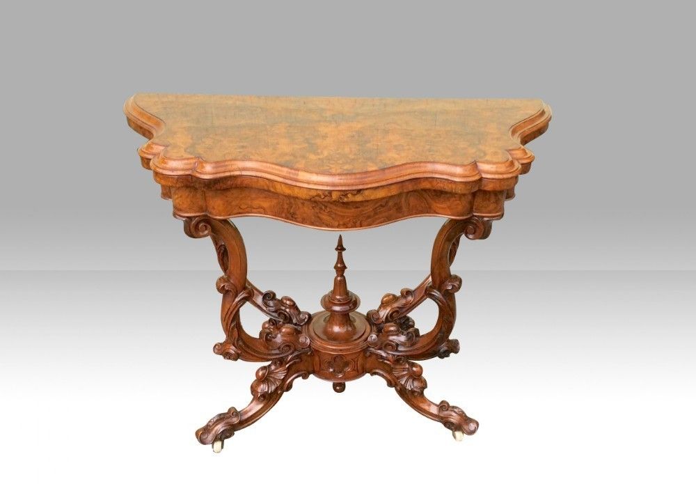 Furniture Antique Burr Walnut Serpentine Shaped Antique Games Card Table photo