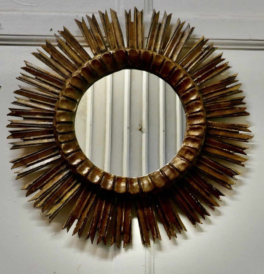 French Carved Wood Art Deco Odeon Style Sunburst Mirror photo for sale