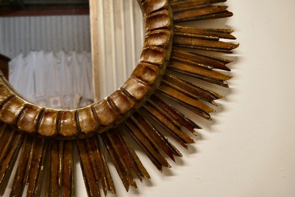French Carved Wood Art Deco Odeon Style Sunburst Mirror photo 774.0