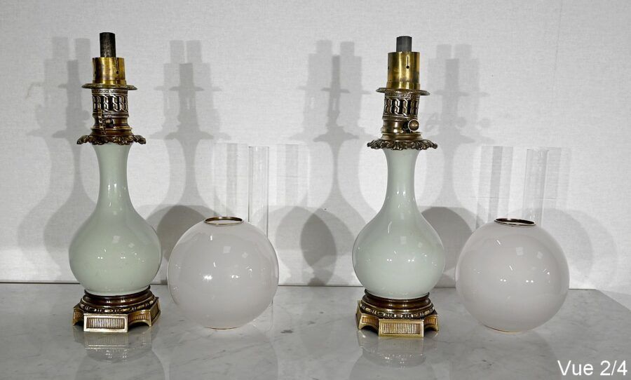 Lighting Pair Of Oil Lamps In Celadon And Bronze, Napoleon III Period, Mid 19th Century photo