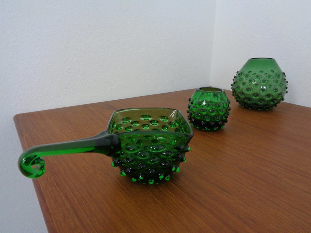 Italian Green Bubble Glass Vases & Bowl By Empoli, Set Of 3, 1960s photo furniture
