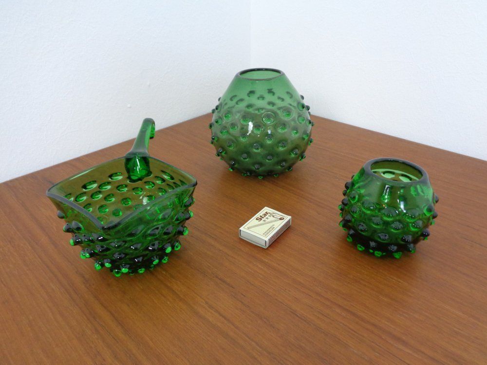 photo vintage Italian Green Bubble Glass Vases & Bowl By Empoli, Set Of 3, 1960s