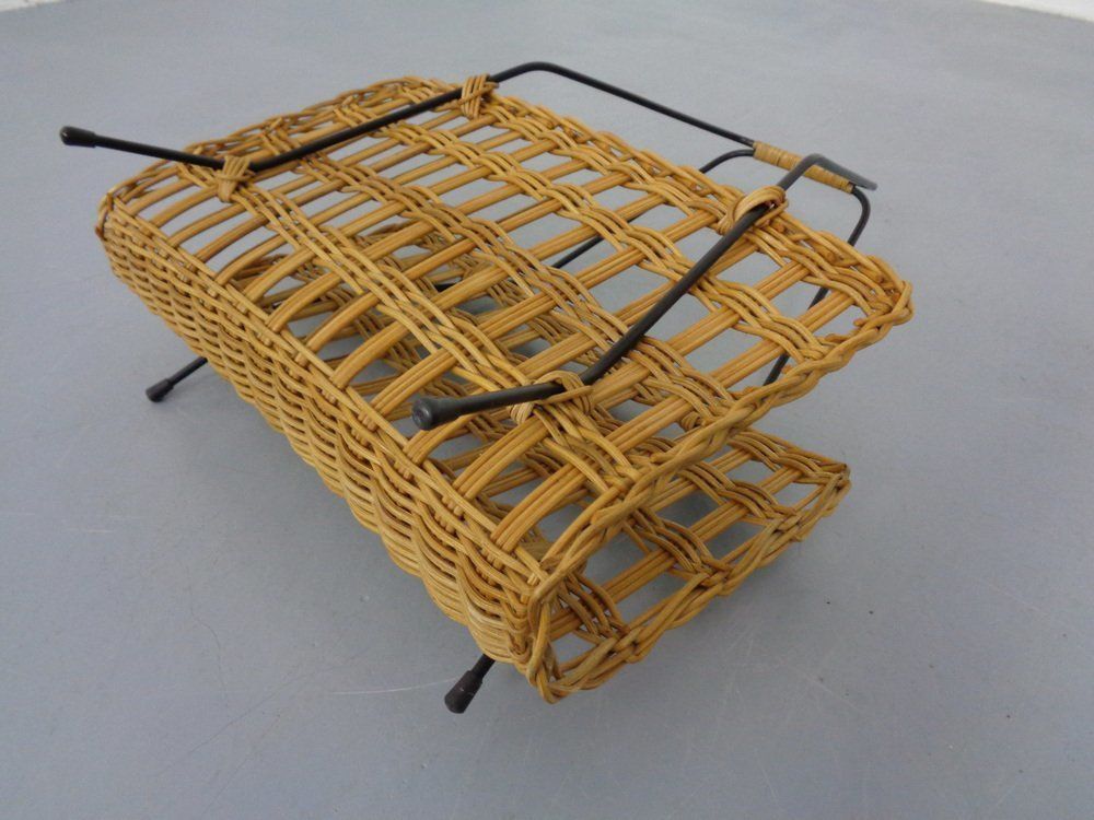 Magazine Rack In Filigree Rattan And Steel, 1960s photo vintage