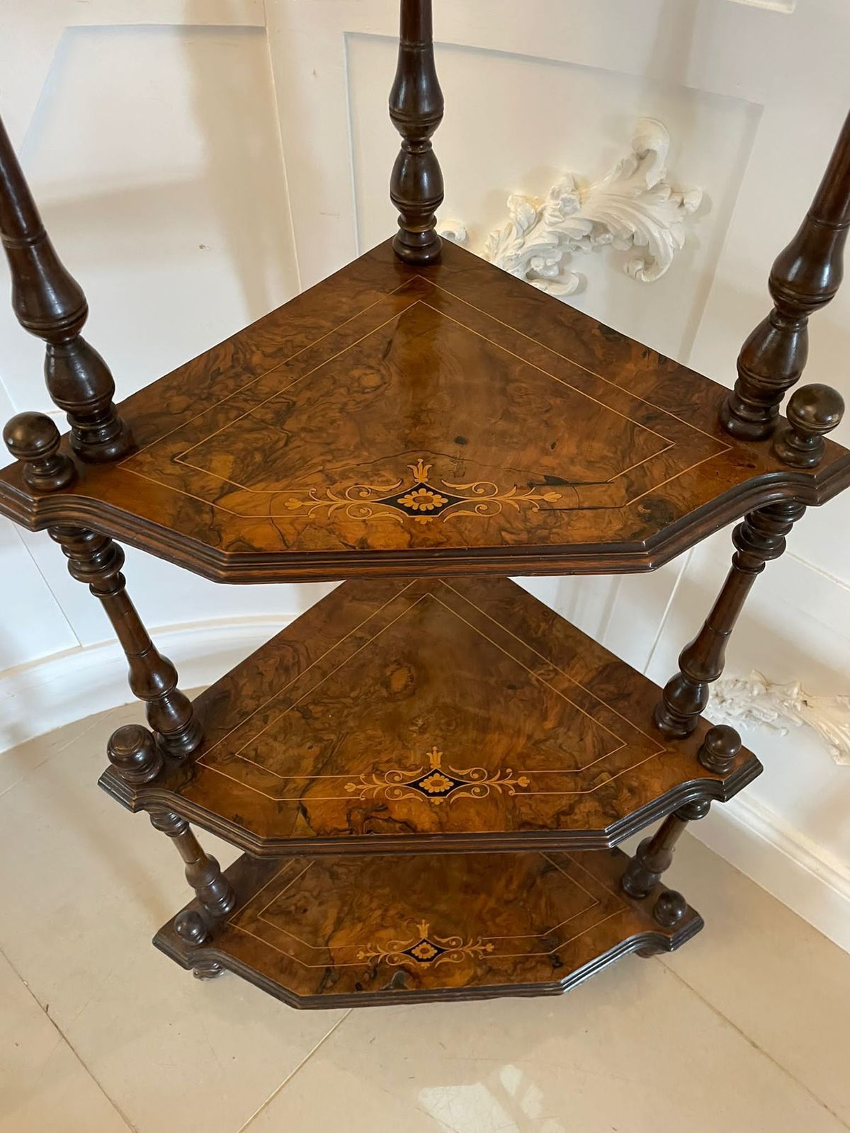Quality Antique 19th Century Inlaid Walnut Four Tier Corner Whatnot photo vinterior