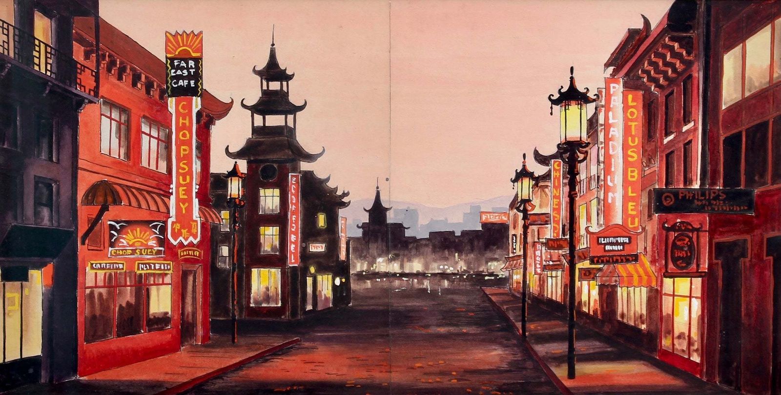 Chinatown San Francisco At Twilight, French School Circa 1950s photo furniture