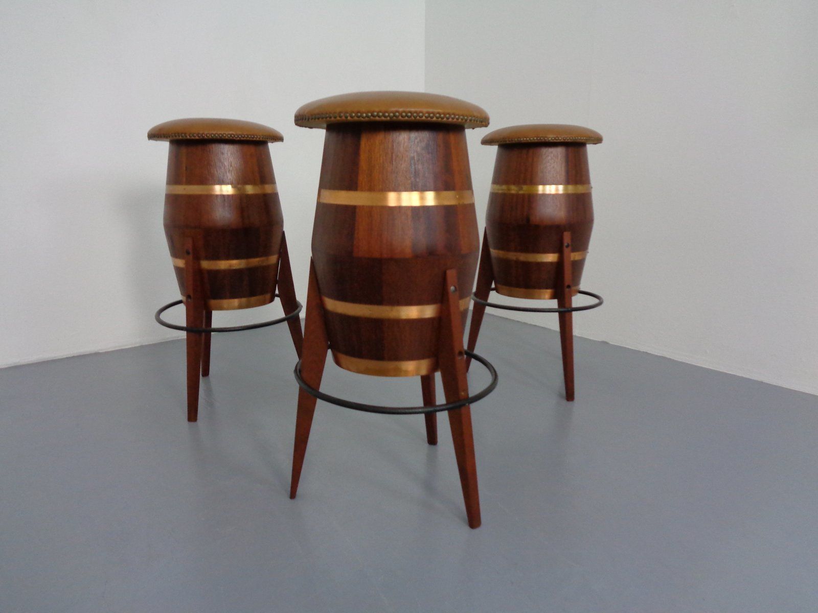 Mid Century Teak & Copper Barstools, 1960s, Set Of 3 photo furniture