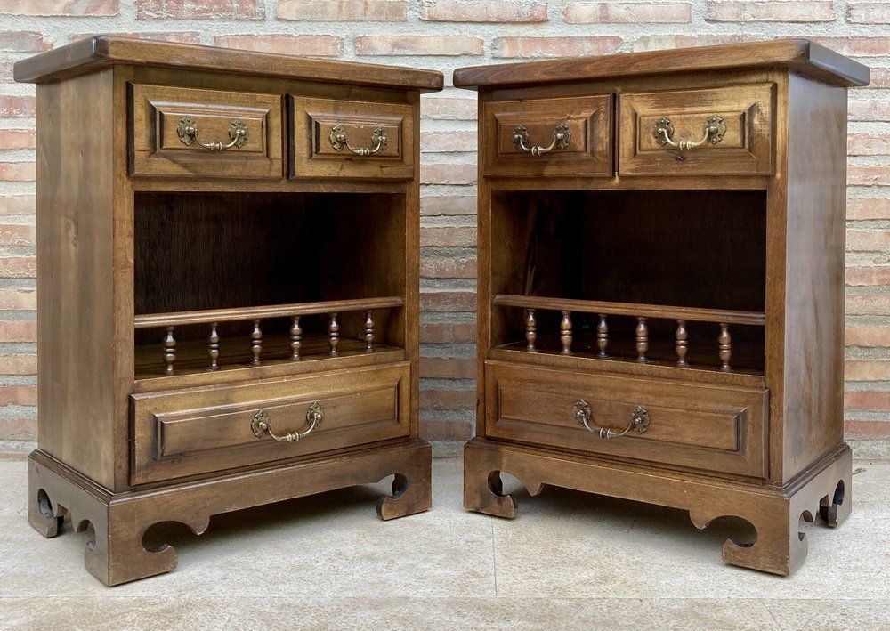 20th Spanish Nightstands With Three Drawers  One Shelf And Bronze Hardware 1970s, Set Of 2 photo furniture