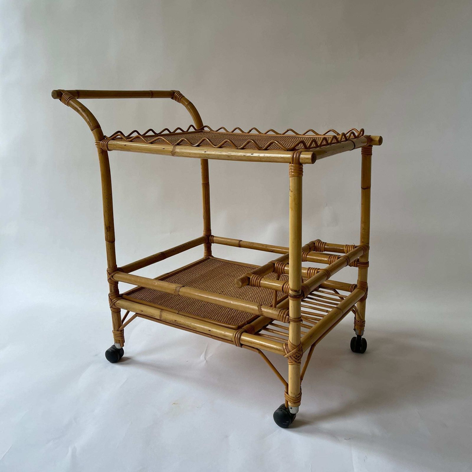 1960s Bamboo & Rattan Bar Trolley With Scalloped Detail