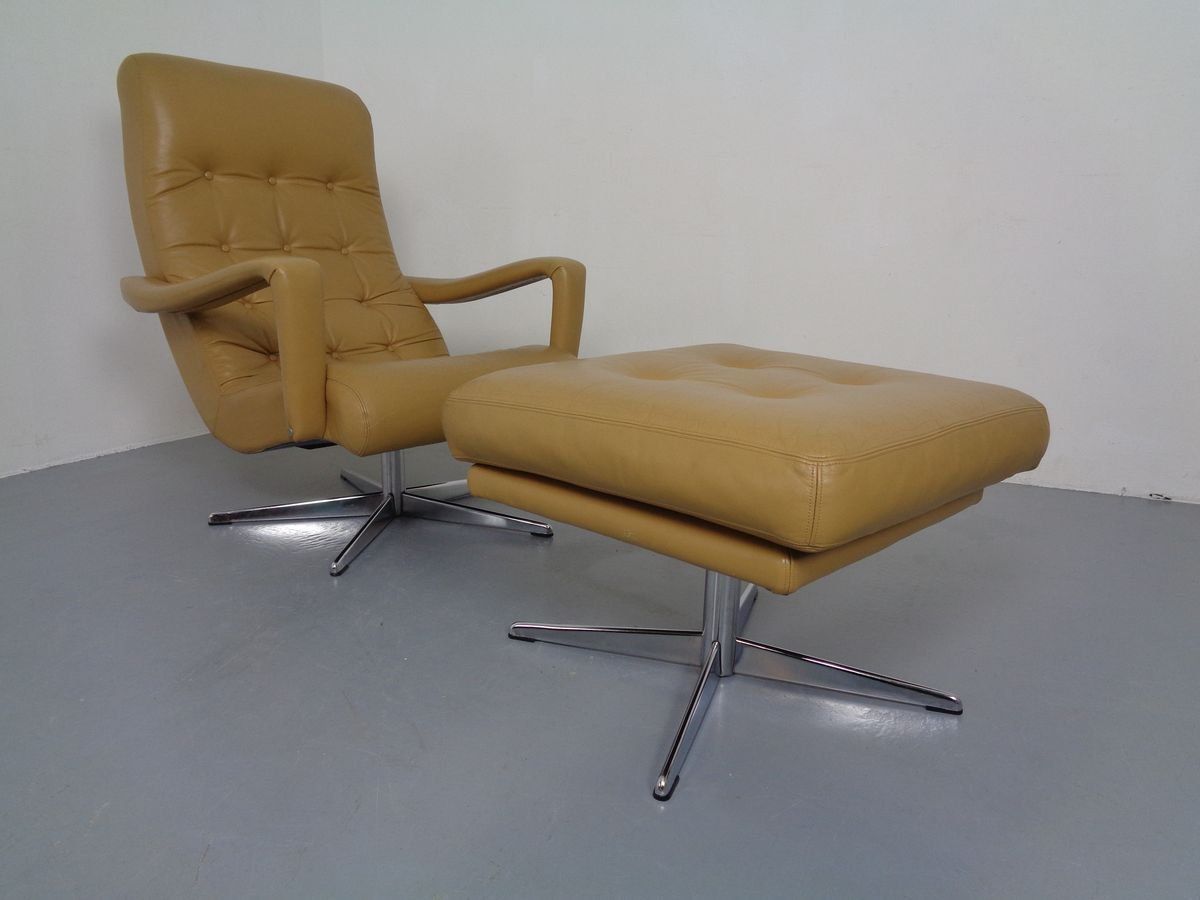 Leather Swivel Easy Chair And Ottoman 1970s  Set Of 2 photo vinterior