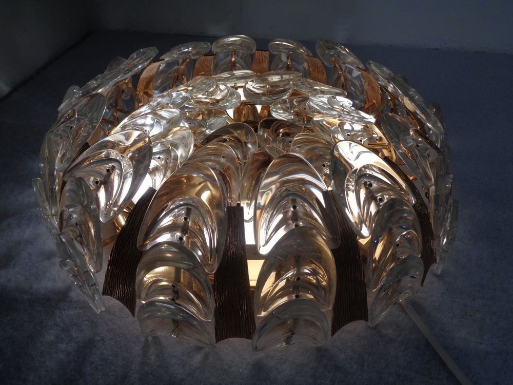 Large Gilded Brass And Crystal Glass Ceiling Lamp By Ernst Palme For Palwa 1960s
