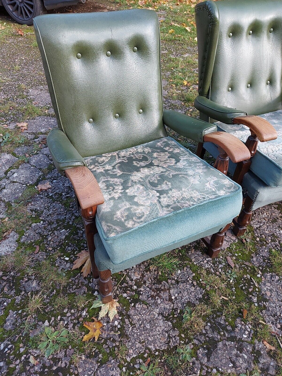 3 Vintage/Retro/Mid Century Green Vinyl Backed Oak Framed Armchairs, 1 Wing Back photo furniture