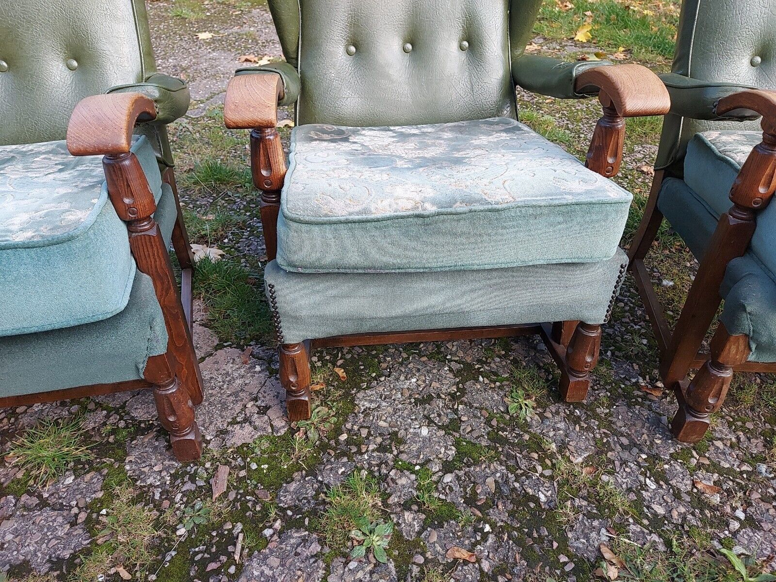 photo furniture 3 Vintage/Retro/Mid Century Green Vinyl Backed Oak Framed Armchairs, 1 Wing Back