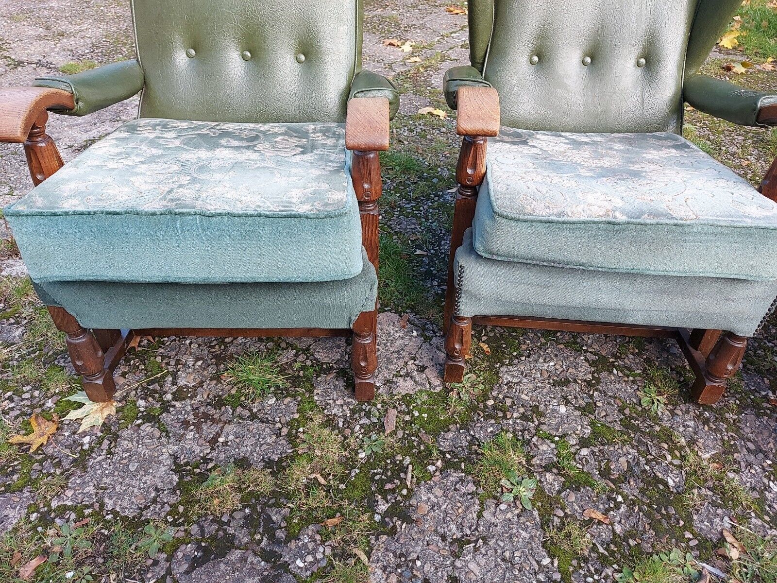 photo for sale 3 Vintage/Retro/Mid Century Green Vinyl Backed Oak Framed Armchairs, 1 Wing Back