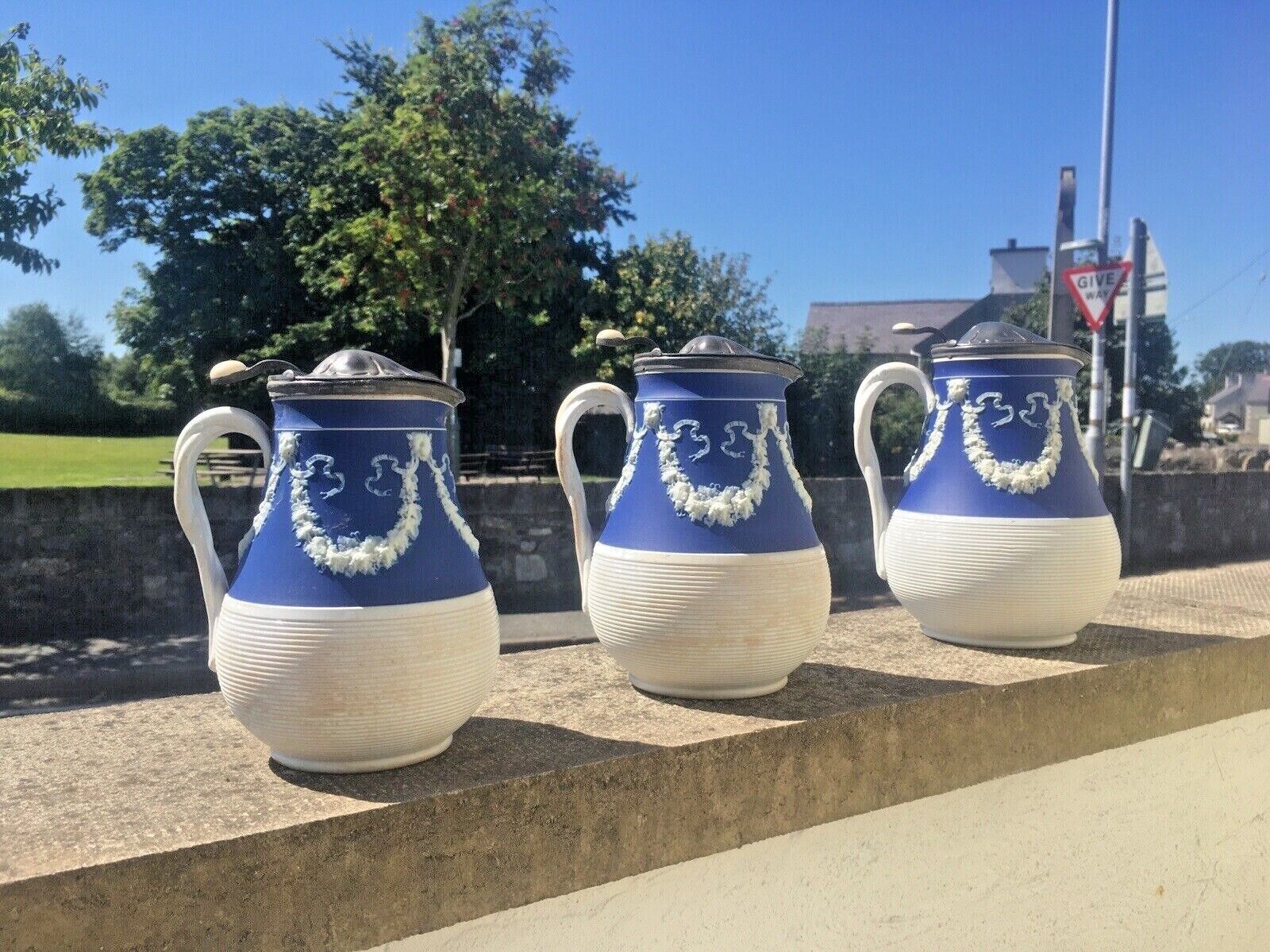 Graduated Set Of Cobalt Jasperware Ribbed Lion Pewter Water Jugs Dudson Wedgwood photo furniture