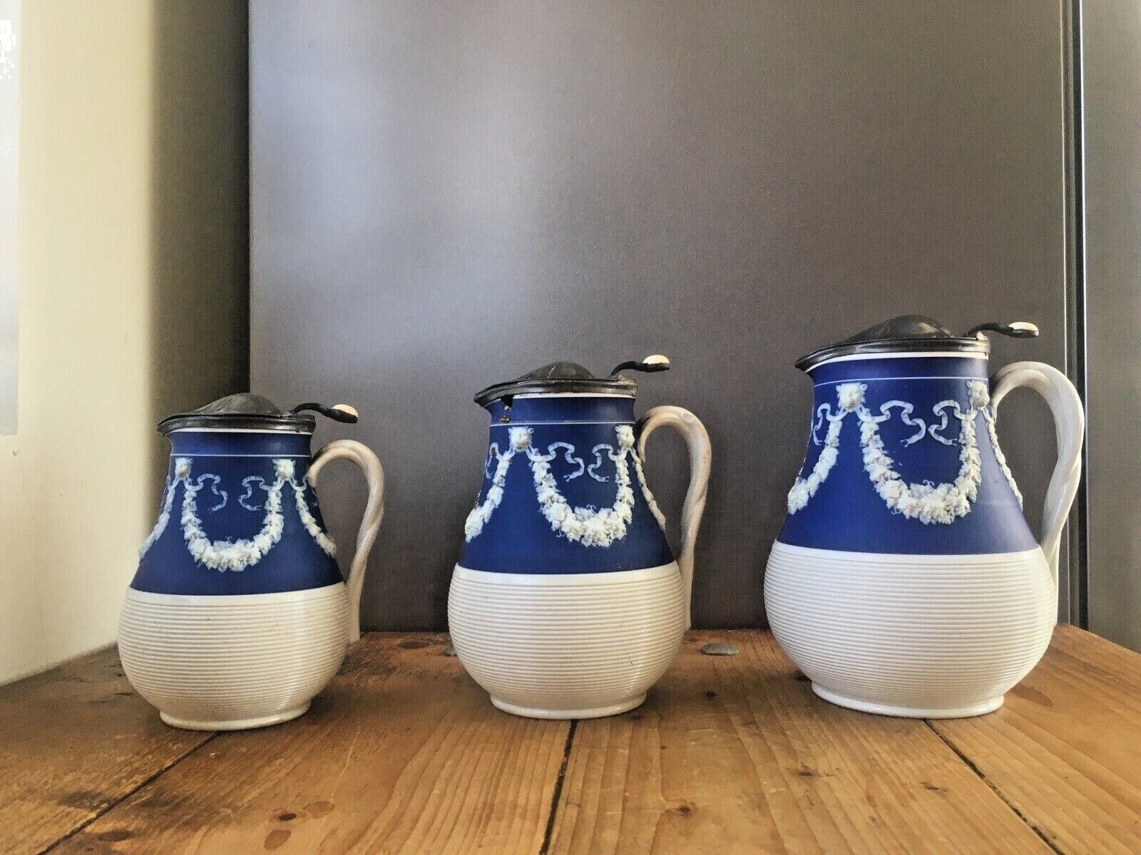 Graduated Set Of Cobalt Jasperware Ribbed Lion Pewter Water Jugs Dudson Wedgwood photo for sale