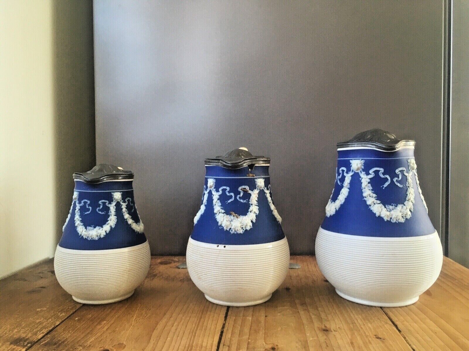 Graduated Set Of Cobalt Jasperware Ribbed Lion Pewter Water Jugs Dudson Wedgwood photo Home Decor