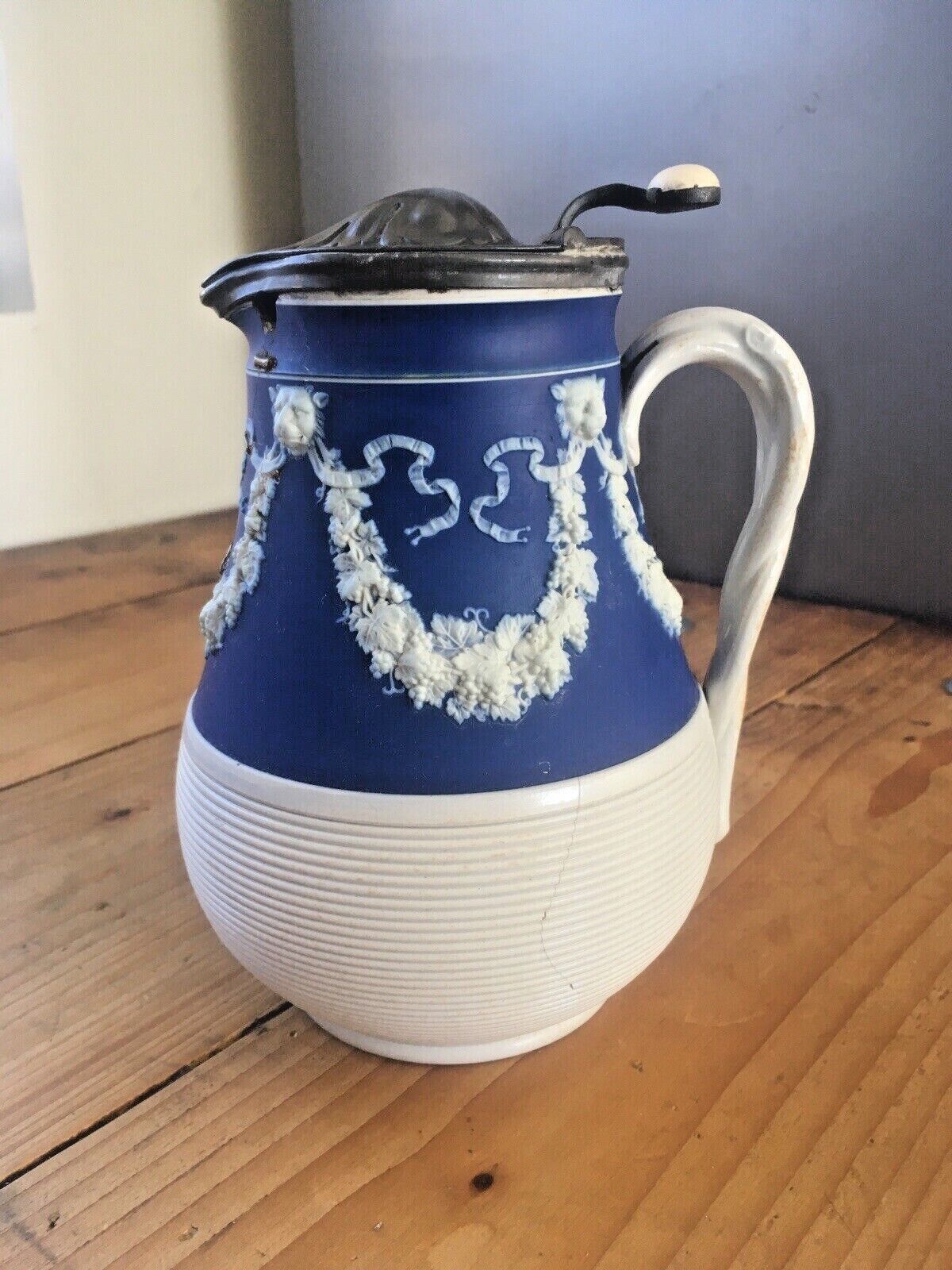 Home Decor Graduated Set Of Cobalt Jasperware Ribbed Lion Pewter Water Jugs Dudson Wedgwood photo