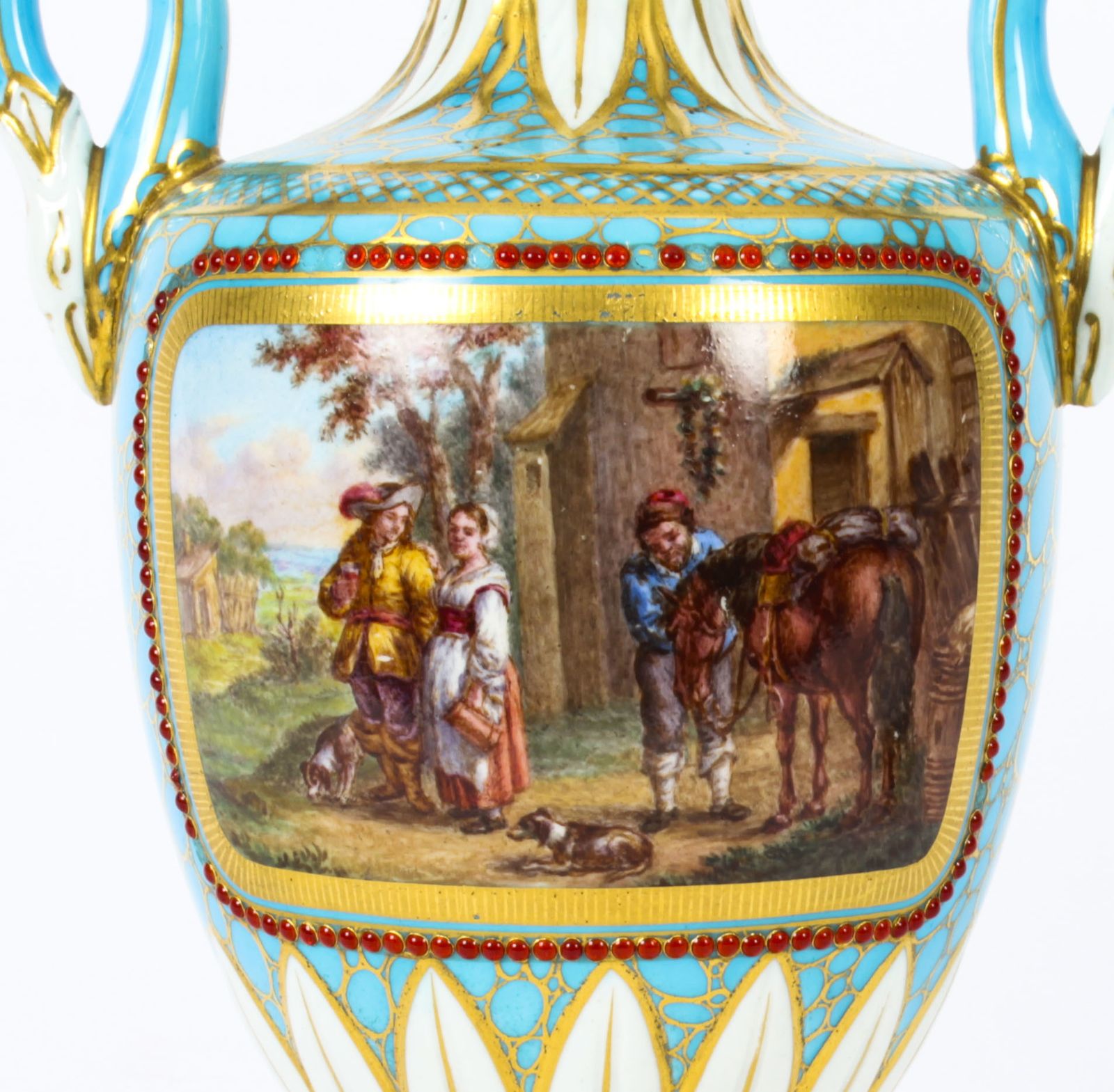 Antique Pair Of French Bleu Celeste Porcelain Urns 19th Century photo for sale