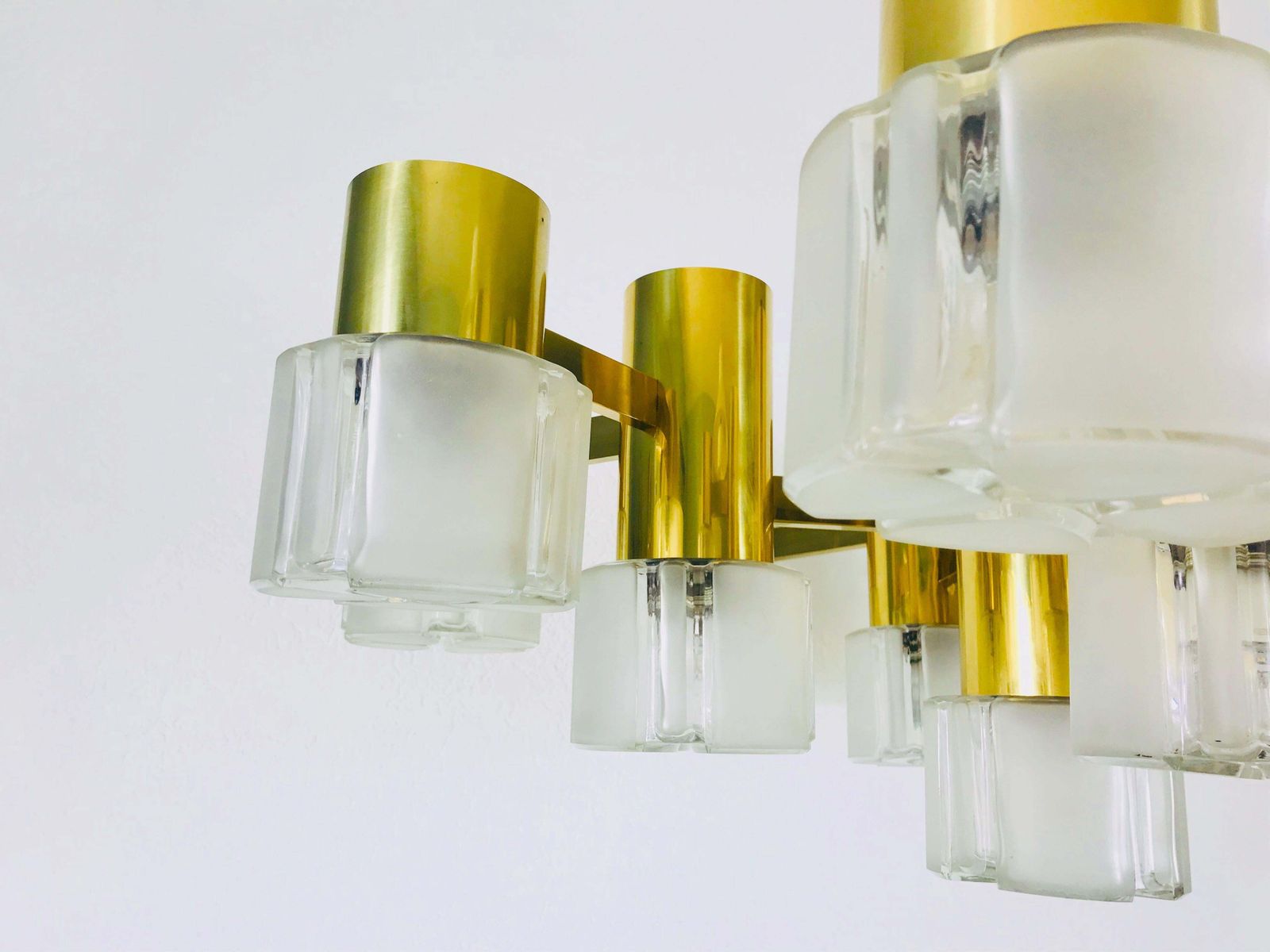 photo furniture Monumental Swedish Mid Century Modern Brass And Ice Glass Chandelier, 1960s