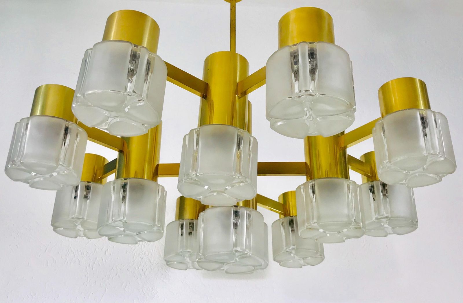 photo buy Monumental Swedish Mid Century Modern Brass And Ice Glass Chandelier, 1960s