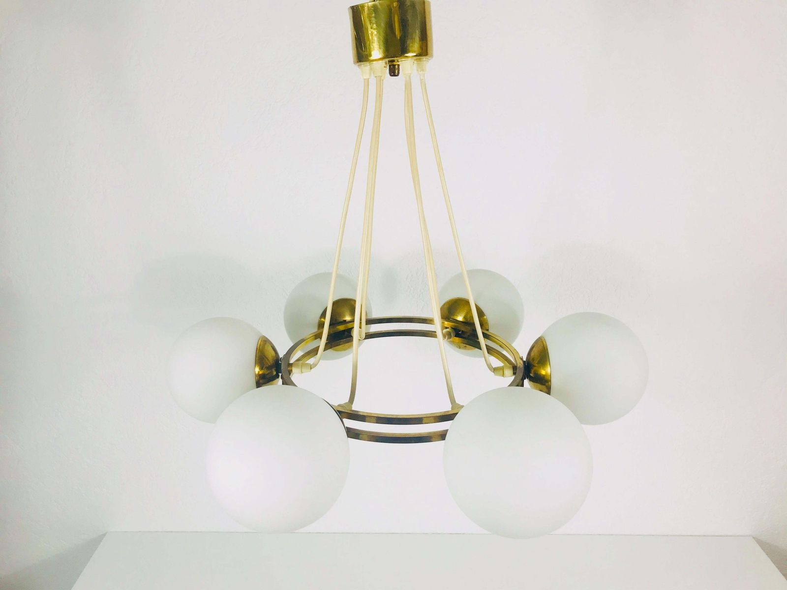 Mid Century Modern Golden Kaiser 6 Arm Space Age Chandelier, 1960s, Germany photo for sale