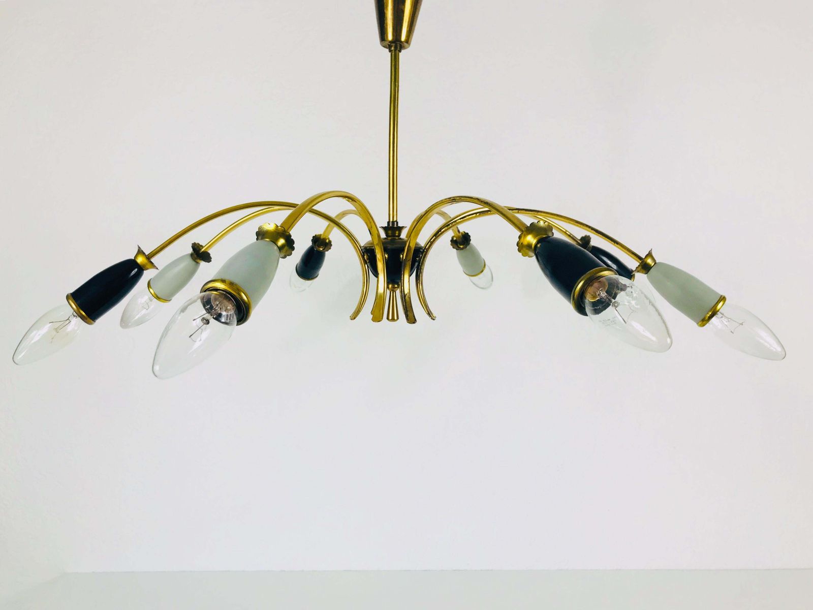Large Midcentury Brass 8 Arm Sputnik Chandelier, 1950s photo furniture