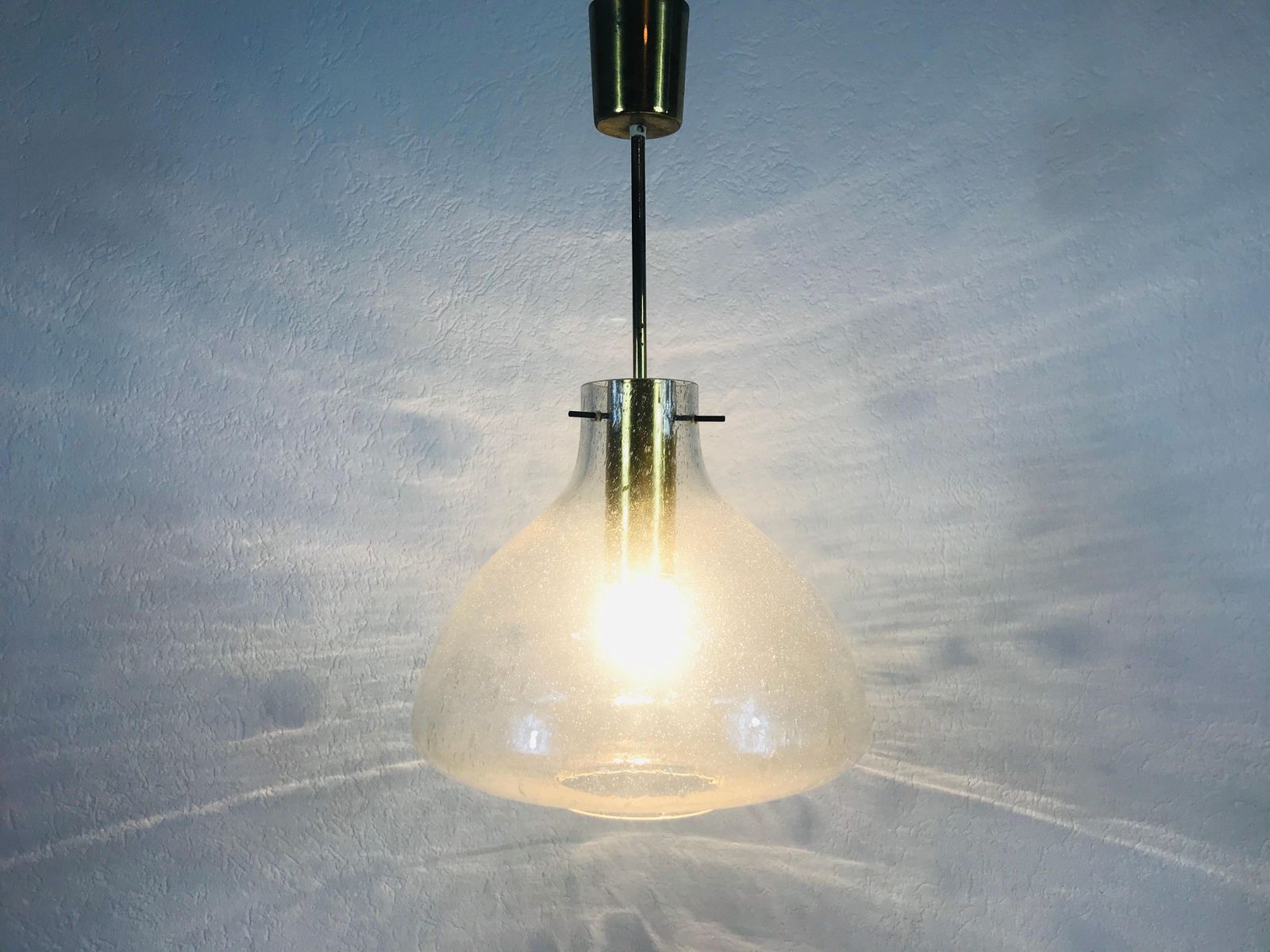 photo for sale Rare Doria Midcentury Brass And Ice Glass Pendant Lamp, 1960s