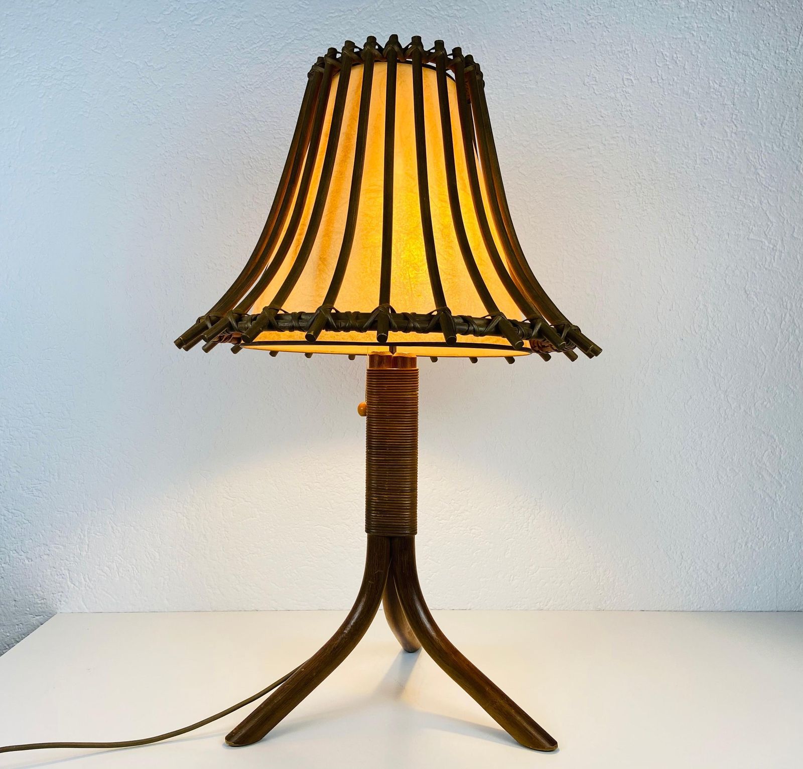Midcentury Teak And Rattan Table Lamp, Circa 1970 photo vintage