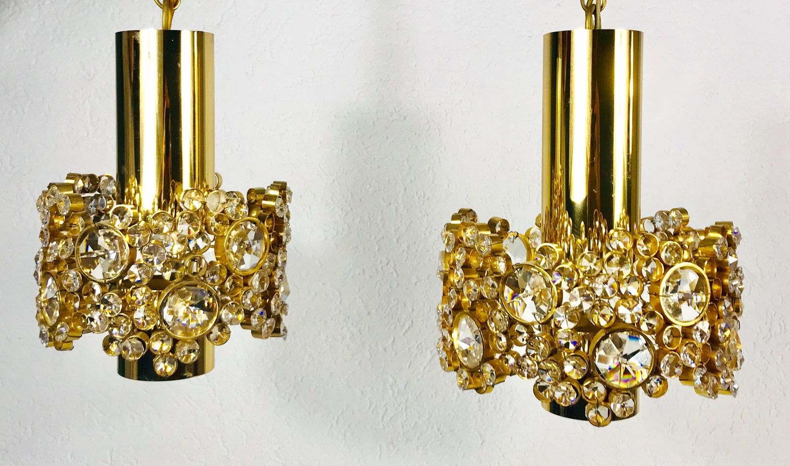 Pair Of Gilt Brass And Crystal Glass Chandeliers By Palwa, Germany, 1970s photo furniture